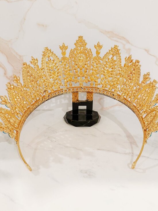 Gold Tiara Crown, ocean blue crystal crown, Royal Queen Tiara, pageant crown main image 5